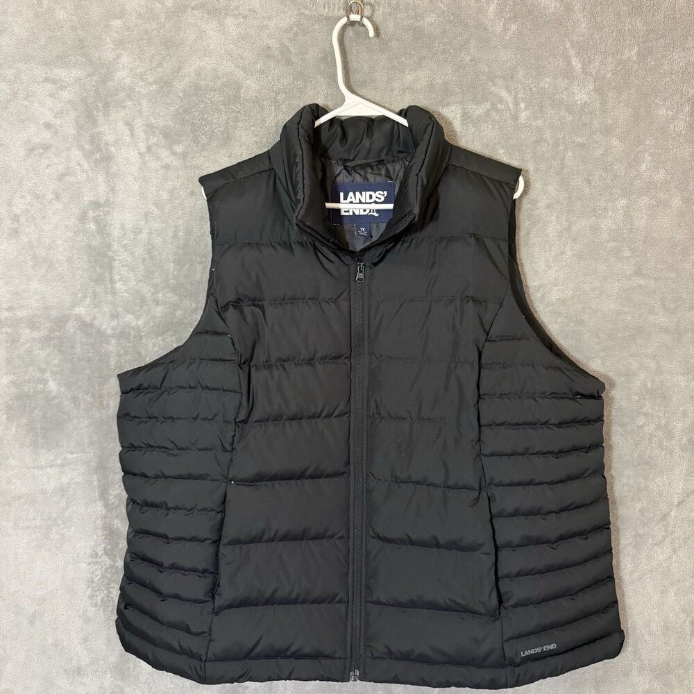 Lands End Womens Plus 1X Black Down Puffer Vest Quilted Full Zip Winter Warm
